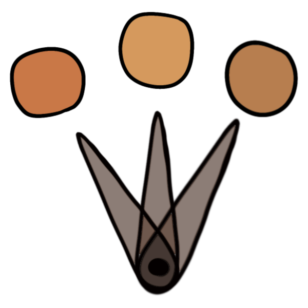 three orange circles lined up. Below is a brown needle like dial that points towards the orange circles.